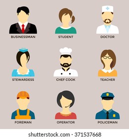 People occupation avatar set in flat style. Avatars of different people professions characters. Chef cook, businessman, operator, teacher, student, doctor, stewardess, foreman, policeman avatars.