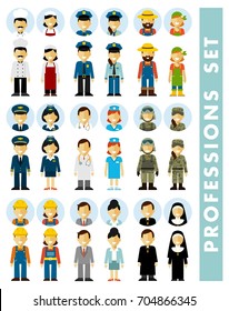 People occupation characters couples set in flat style isolated on white background. Different people professions characters icons. Full length and avatars