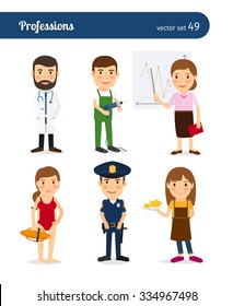 People occupation characters. Policeman and lifeguard, waitress and repairman