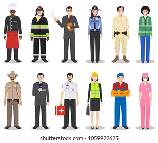 People occupation characters set in flat style isolated on white background. Different men and women professions characters standing together. Templates for infographic, sites, social networks. Vector