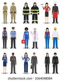 People occupation characters set in flat style isolated on white background. Different men and women professions characters standing together. Templates for infographic, sites, social networks. Vector