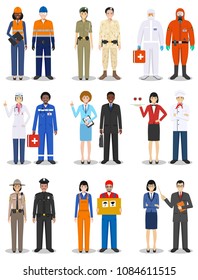 People occupation characters set in flat style isolated on white background. Different men and women professions characters standing together. Templates for infographic, sites, social networks. Vector