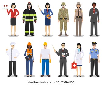 People occupation characters set in flat style isolated on white background. Different men and women professions characters standing together. Templates for infographic, sites, social networks. Vector