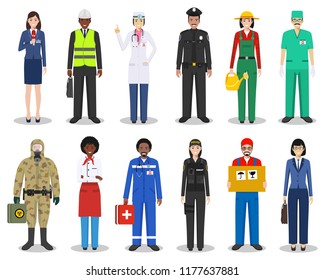 People occupation characters set in flat style isolated on white background. Different men and women professions characters standing together. Templates for infographic, sites, social networks. Vector