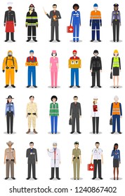 People occupation characters set in flat style isolated on white background. Different men and women professions characters standing together. Templates for infographic, sites, social networks. Vector