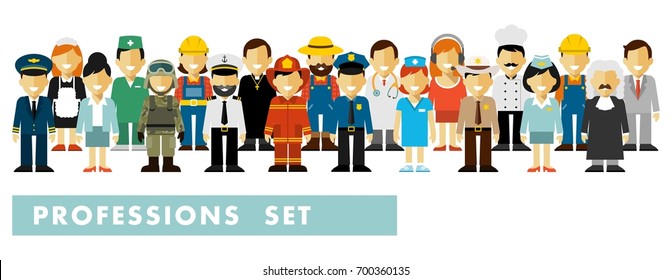 People occupation characters set in flat style isolated on white background. Different people professions characters stand in a row