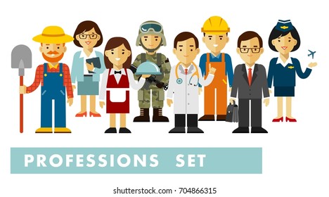 People occupation characters set in flat style isolated on white background. Different people professions characters standing together.