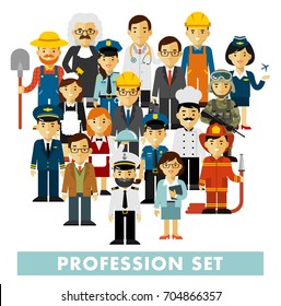 People occupation characters set in flat style isolated on white background. Different people professions characters standing together.