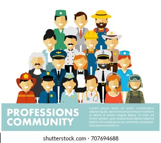 People occupation characters set in flat style isolated on white background. Different people professions characters standing together. 