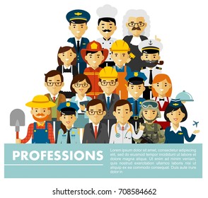 People occupation characters set in flat style isolated on white background. Different people professions characters standing together. 