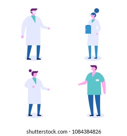 People occupations.  Clinic or hospital team. Surgeon, nurse, doctor, paramedic, medic. Flat vector illustration isolated on white.