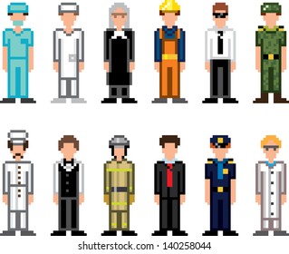 people occupations pixel art icons vector set