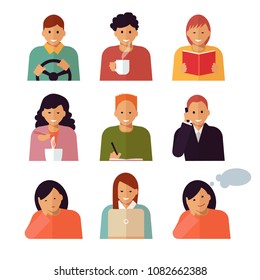 People occupations, set of characters icons. People driving, drinking coffee, reading book, eating, writing, making a phone call, bored, working on computer, dreaming. Flat design.