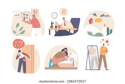 People With Ocd and Perfectionism Concept. Characters with Obsessive-compulsive Disorder Cartoon Vector Illustration