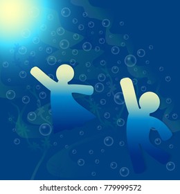 People in the ocean on a background of algae and air bubbles - logo / icon vector