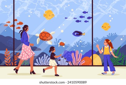 La gente en el concepto de oceanario. Una mujer con niños mira el acuario con naúticos. Peces y tortugas. Animales submarinos. Niña con niños mira la fauna marina. Dibujo vectorial plano de dibujos animados