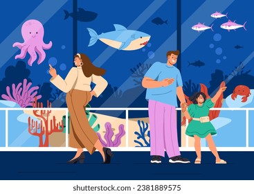 People in Oceanarium concept. Woman and father with daughter look through windows at marine dwellers. Octopus, fishes and shark. Sea or ocean fauna. Cartoon flat vector illustration