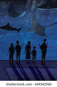 People in oceanarium.  Couples, people with children watching  fish, sharks, marine animals. Hand drawn colorful illustration. 