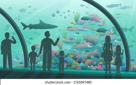 People in the oceanarium. Parents and children look at ocean fish and marine inhabitants. A variety of underwater flora and fauna. Vector illustration in cartoon style
