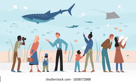 People in oceanarium vector illustration. Cartoon woman man parents with children visiting zoo oceanarium, family characters watching on swimming in aquarium underwater ocean or sea animals background