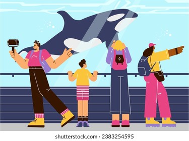 Gente en el oceanario viendo ballenas y haciendo fotos. Los visitantes se paran frente al acuario y observan los peces. Ilustración vectorial plana para afiches, pancartas y anuncios.