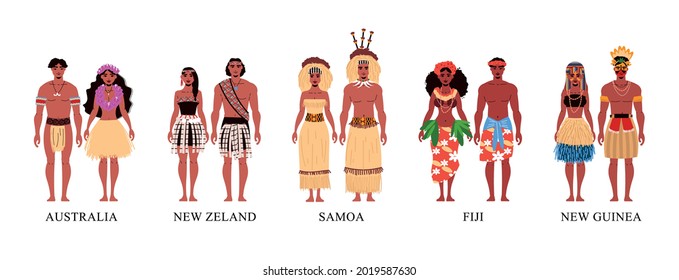 Menschen aus Ozeanien, die nationale Kleidung tragen, flache Symbole einzeln auf weißem Hintergrund, Vektorgrafik