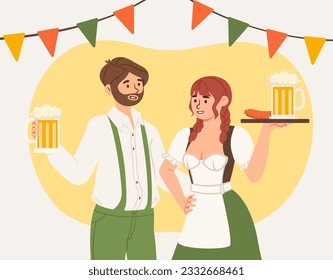 People at Octoberfest party concept. Man and woman in traditional German costumes with trays of beer and sausages. Couple with alcoholic drinks with foam in glass. Cartoon flat vector illustration