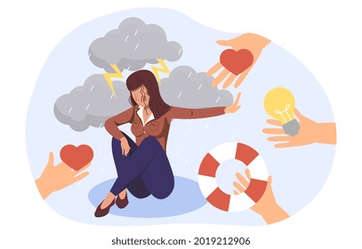 People offer helping hand to depressed woman sit on puddle of tears, who refused from outsiders support. Flat abstract metaphor cartoon vector illustration concept design isolated on white background