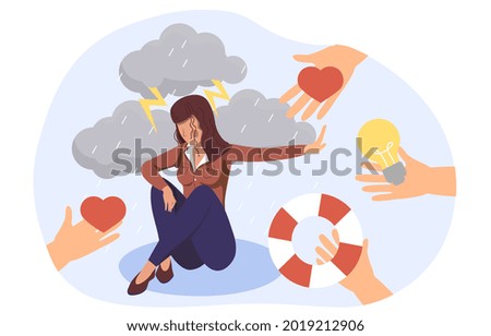 People offer helping hand to depressed woman sit on puddle of tears, who refused from outsiders support. Flat abstract metaphor cartoon vector illustration concept design isolated on white background