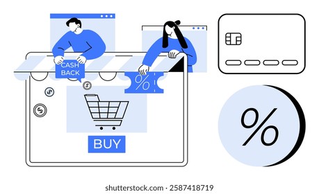 People offering cash back and discount deals while shopping online. Credit card, shopping cart, and percentage sign illustrations. Ideal for e-commerce, shopping promotions, credit card offers