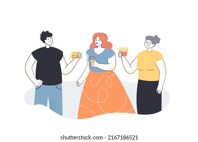 People offering fast food to girl with glass of fresh juice. Man and woman holding french fries and burger flat vector illustration. Healthy diet concept for banner, website design or landing web page