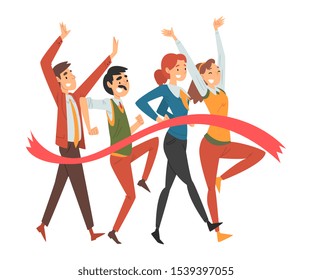 People in office clothes joyfully runs through red tape cartoon vector illustration