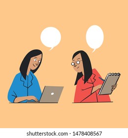 People at office. Colorful vector illustration in flat cartoon style. Packet of men and women taking part in business meeting, negotiation, brainstorming, talking to each other.