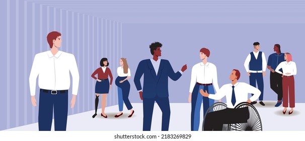 People in office as communication, flat vector stock illustration as concept of Conferences and networking with person in wheelchair