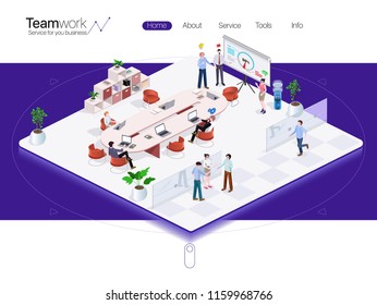 People are in the office of the conference hall, discussing the business development strategy. 3d isometric vector illustration.Web page design templates for business.