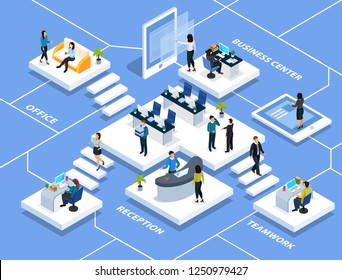 People in office during professional activity isometric multi storey composition on blue background vector illustration