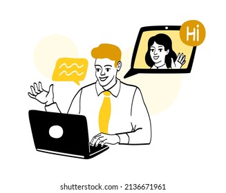 People in office. Employee sitting at laptop. Young guy calls up woman. Modern technologies, social networks. Digital world and remote worker, video conference. Cartoon flat vector illustration