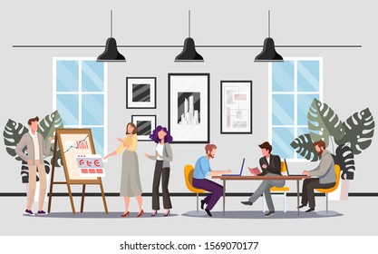 People in office flat illustrations. Colleagues discussing project. Coworkers talking near flipchart. Businesspeople at workplace. Coworking open space. Team building, teamwork, brainstorm idea