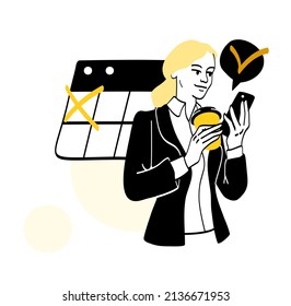 People in office. Girl with phone and mug standing in office. Person with coffee or tea. Woman putting reminders on calendar. Time management and responsible employee. Cartoon flat vector illustration