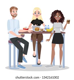 People in office have lunch together. Group of worker eat food and talking. Coffee break with colleagues. Smiling business people. Vector illustration in cartoon style