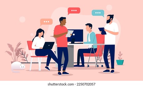 People in office having conversation - Group of vector characters at work talking and discussing with speech bubbles. Flat design