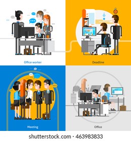 People in office interior 2x2 design concept with groups of employees at their workplace busying in teamwork vector illustration   