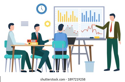 People in office listening to presentation of boss. Man showing whiteboard with charts and info statistics. Leader of company on seminar with employees proposing new ideas. Vector in flat style