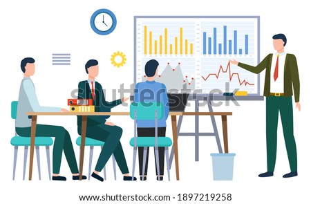 People in office listening to presentation of boss. Man showing whiteboard with charts and info statistics. Leader of company on seminar with employees proposing new ideas. Vector in flat style Foto stock © 