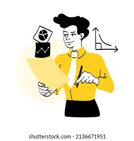 People in office. Man calculates load using formulas. Material evaluation. Physicist or architect. Employee or worker, physics. Smart guy with charts and diagrams. Cartoon flat vector illustration