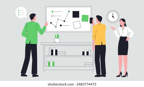 People in office. Men and woman near flipchart with graphs and diagrams. Statistics and infographics. Collaboration and cooperation, partnership. Flat vector illustration