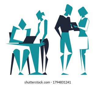 People In The Office. Men And Women Work As A Team. Abstract Flat Design Made Of Simple Geometric Shapes. Isolated On White Background. Vector Illustration.