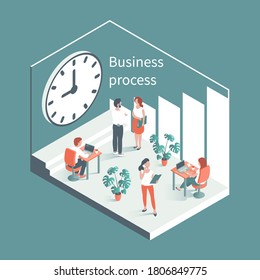 People in the office. Men and women work at computers and discuss business issues. Against the background of the clock and the city. Vector illustration in isometric style.