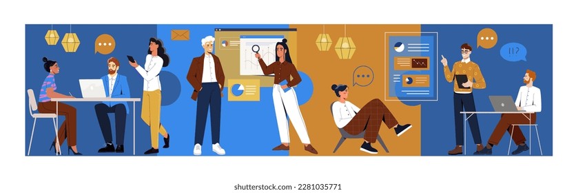 People in office. Men and women work on common project. Team analyzes graphs and charts, discusses ideas at background of puzzles. Great element of teamwork. Cartoon flat vector illustration