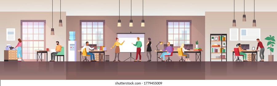 People in office. Modern workspace interior with furniture and computers, working environment with creatives employees and managers, vector flat cartoon concept